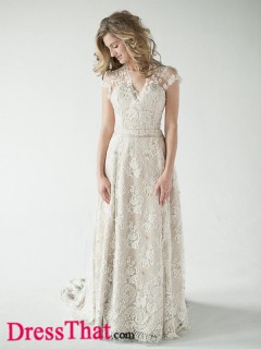 Elegant A-Line V-neck Short Sleeves Lace Empire Lace wedding dress WD-9728