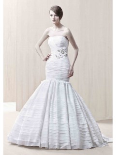 Casual Mermaid Handmade Beading Flower Cascade Strapless Court Train Wedding Dresses WD-3098