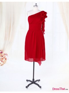 A-line/Princess Hot Red Knee-length One Shoulder with Ruffles Modest Bridesmaid/Prom Dress PD-50038