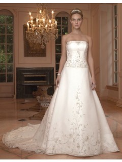 Classic A-line Strapless Embroidered Satin Cathedral Train Weddign Dresses WD-3101