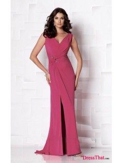 Elegant Column V-neck Ruched Beaded Long Slit Evening Dresses/Mother of the Bride Dresses MBD-2319