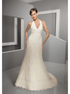 Fashion Lace Applique A-line Satin Court Train Halter Wedding Dresses WD-3094