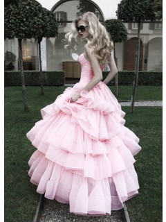 Fashionable A-line Sweetheart Sweep Train Tiered Chiffon Hot Pink Inexpensive Wedding Dresses