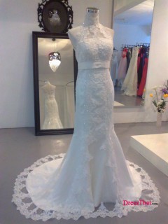 Generous A-line High Necked Sequin Beading Decorated Band Affordable Lace Wedding Dresses Under 250  WD-4174