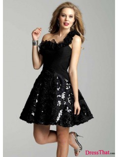 Hot Selling A-line One Shoulder Ruched Ruffled Short Black Sequined 2013 Prom Dresses PD-2318