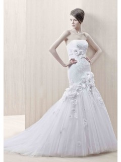 Informal Ruched Mermaid Handmade Flower Tulle Skirt Satin Chapel Train Wedding Dresses WD-3097