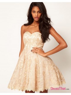 2013 Ivory Lace with Scalloped Trim A-line Short/Mini Sweetheart Strapless Charming Soft Prom/Cocktail Dress PD-50033