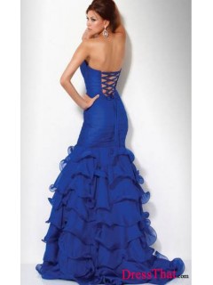Sexy Modern Mermaid Strapless Sweetheart Beaded Ruffles Organza Royal Blue/White Prom Dress PD-50088