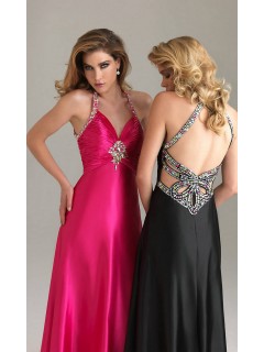 Winsome Column Halter Natural V -Neck Open Back Sequin Rhinestone Elegant Fuchsia Long Prom Dresses 3013 PD-1125