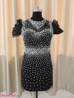 Real Simples 2013 Stunning Sheath Scoop Beading Rhinestones Short Sexy Prom Dress With Short Sleeves PD-8085