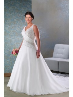 Elegant Exquisite Straps V-Neck Applique Beads Working Chapel Train Organza Satin Plus Size Wedding Dress for Brides WD-1014