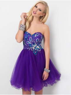 Gorgeous Elegant A-line Sweetheart Strapless Sequin Beaded Rhinestone Royal Blue Knee Length Cheap Homecoming Dresses HD-1127