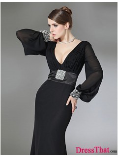 Sexy Gorgeous Modern Black Mermaid Floor-length V-neckline Ruched Beaded Chiffon Evening/Cocktail Dress with Long Bishop Sleeves ED-50059