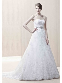 Unique A-line Lace Applique Empire Crystal Line Strapless Chapel Train Wedding Dresses WD-3100
