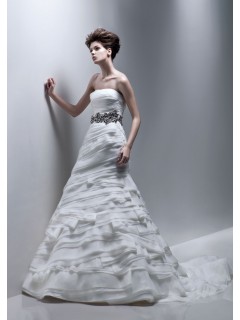 Unique Princess Strapless Cascade Satin Chapel Train Wedding Dresses WD-3084