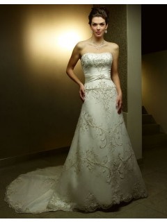 Vintage A-line Strapless Embroider Ribbon Chapel Train Satin Wedding Dresses WD-3108