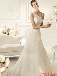 Princess One-shoulder Lace Appliques Beading Sweep Train Long Wedding Dress WAD-8025