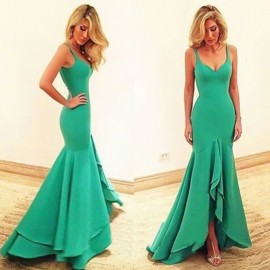Mermaid Straps Green Stretch Satin Sweep Train Prom Dress