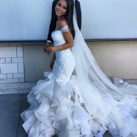 Secy Mermaid Wedding Dress - Off the Shoulder Organza Court Train Lace
