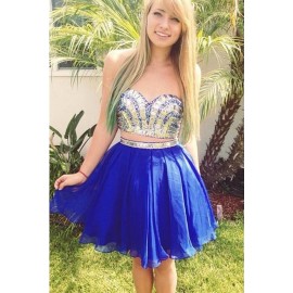 Sexy Two-Piece Sweetheart Short Royal Blue Chiffon Homecoming Dress with Beading