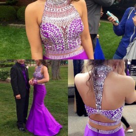 Sexy Two-Piece Mermaid Halter Sweep Train Purple Satin Homecoming Dress with Beading