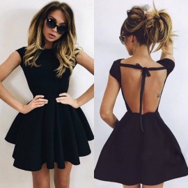 A-Line Scoop Short Backless Black Satin Homecoming Dress