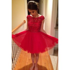 Classic A-Line Scoop Cap Sleeves Short Red Tulle Homecoming Dress with Beading