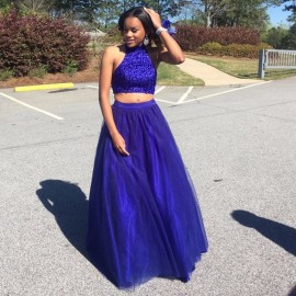 Luxurious Two-Piece Ball Gown Halter Floor-Length Royal Blue Tulle Homecoming Dress