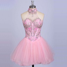 A-Line High Nick Short Pink Organza Homecoming Dress With Beading