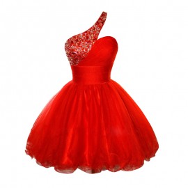 Glamorous A-line One-Shoulder Short Red Organza Homecoming Dress With Beaing