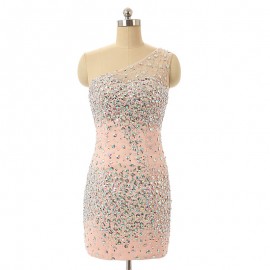 Sexy Sheath One-Shoulder Short Pink Tulle Homecoming Dress With Crystal
