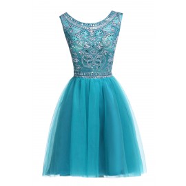 A-line Scoop Short Turquoise Tulle Homecoming Dress With Beading Sequins