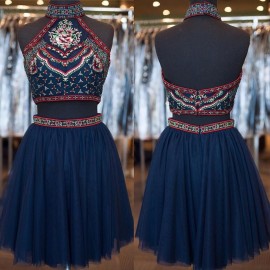 Two-piece High Neck Short Navy Blue Tulle Homecoming Dress with Embroidery
