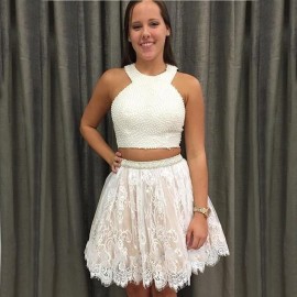 Glamorous Two-piece Halter Short Ivory Lace Beaded Prom/Homecoming Dress