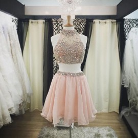 Two-piece High Neck Short Pink Chiffon Homecoming Dress with Beading