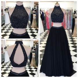 Two-piece High Neck Floor-Length Black Tulle Homecoming Dress with Beading