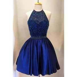New Arrival A-Line Halter Short Royal Blue Satin Homecoming Dress with Beading