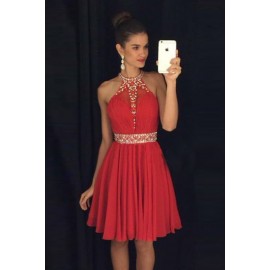 Sexy A-Line Halter Short Sleeveless Red Chiffon Homecoming Dress with Beading