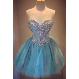 Hot-Selling A-Line Sweetheart Short Blue Tulle Homecoming Dress with Beading