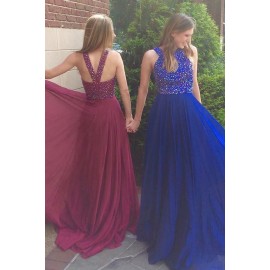 Elegant A-Line Scoop Sweep Train Royal Blue Chiffon Prom Dress with Beading