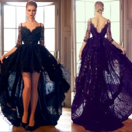 Sexy A-Line Spaghetti Straps V-neck Hi-Lo Black Lace Beaded Prom/Homecoming Dress