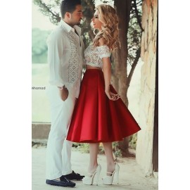 Two-Piece Off the Shoulder White Lace Tea-Length Red Satin Homecoming/Prom Dress
