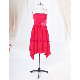 Lovely Pink Chiffon Princess Strapless Handmade Flower Knee-length Inexpensive Bridesmaid Dress BD-50094