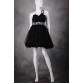 Glamorous A-Line One Shoulder Short Black Organza Homecoming Dress with Beading