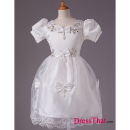Lovely Ivory Taffeta Cute Princess Scoop Short Sleeves Beaded Bow Sash Flower Girl Dress FGD-50090