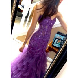 Luxury Mermaid Sweetheart Sweep Train Grape Tulle Homecoming Dress with Appliques Sequined
