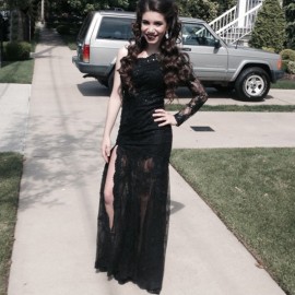 A-Line One Shoulder Long Sleeves Black Split-front Long Lace Homecoming Dress