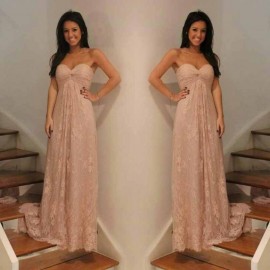 Modern A-Line Sweetheart Floor-Length Pink Lace Homecoming/Wedding Party Dress