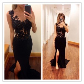 Elegant Luxurious Sheath Scoop Sweep Train Chiffon Black Homecoming/Prom Dress With Beading 