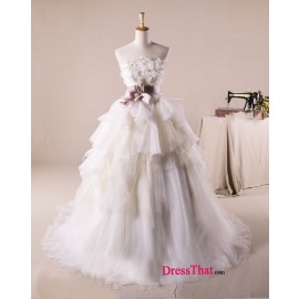 Strapless Flowers Beading Empire Layered Ruffles Court Train Tulle Cheap Wedding Dresses Under 250 Sale  WD-4224